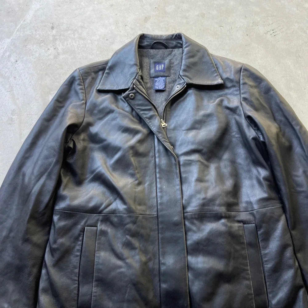 Gap Mens Genuine Leather Car Coat Jacket Black Zip Up Wool Blend Lining Medium